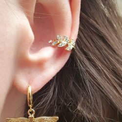 Ear-Cuff, med blade og klare zirkoner, forgyldt messing, 13 mm, 2 stk