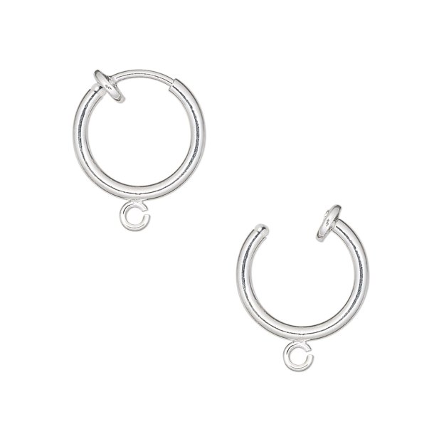 Ear clips / hoops with loop, silver-plated brass, 13mm, 2pcs
