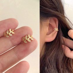 Ohrklemme mit Bl�ttern und Zirkonia, vergoldetes Messing, 13 mm, 2 Stck