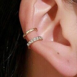 2 pcs, Ear cuff, double-row with rhinestones, gold-plated brass, 10 mm