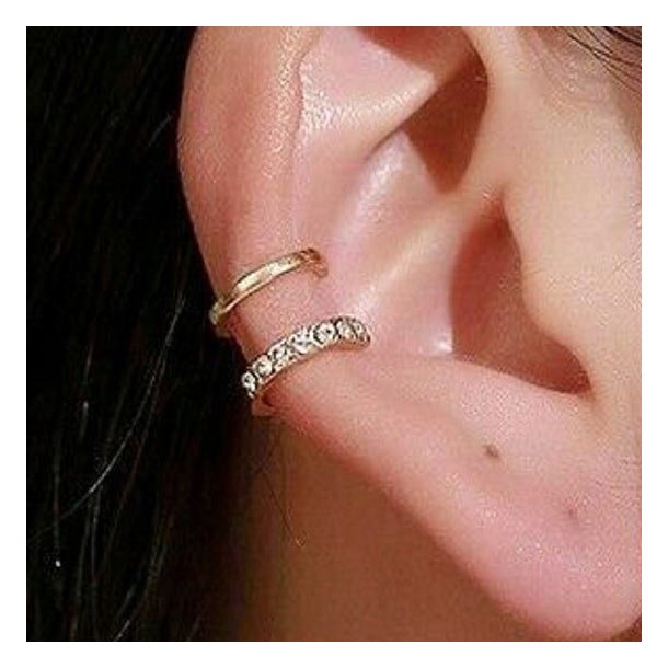 2 pcs, Ear cuff, double-row with rhinestones, gold-plated brass, 10 mm
