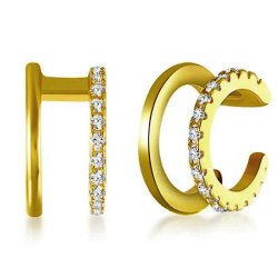2 pcs, Ear cuff, double-row with rhinestones, gold-plated brass, 10 mm