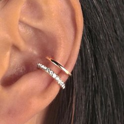 2 pcs, Ear cuff, double-row with rhinestones, gold-plated brass, 10 mm