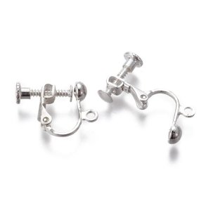 Ohrclip mit Schraub Gewinde und Schlaufe, versilbertes Messing, 13x17x4,5mm, 4 Stück.