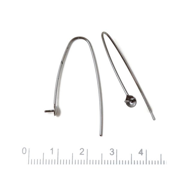 Earwires, 35 mm, open, with cup and peg, black silver, 2pcs