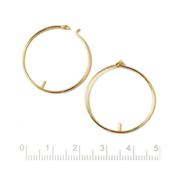 Hoop earring with peg for half drilled beads, gold-plated silver, 20x0.8mm, 2pcs