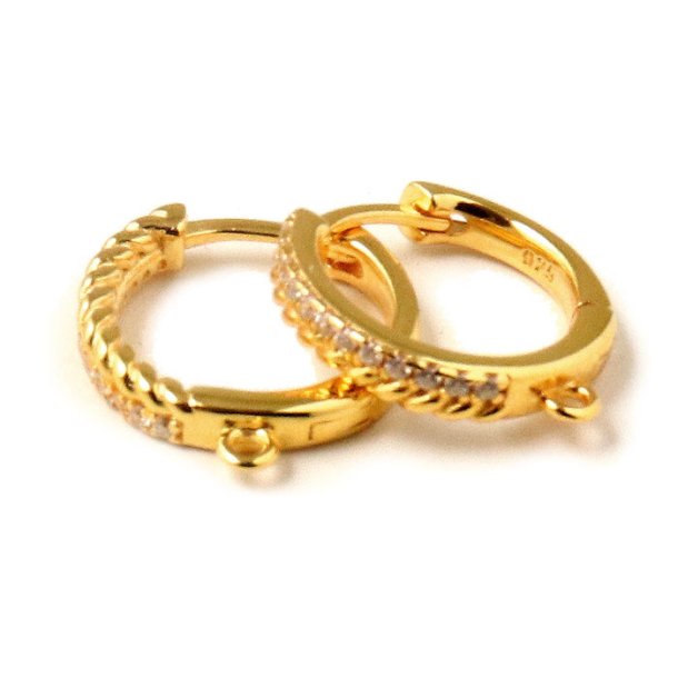 Hinged hoop with 24 clear zirconia and LOOP gold-plated silver, 14x2.8 mm, 2 pcs.