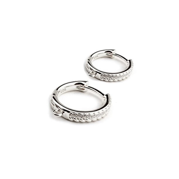 Hinged hoop with 24 clear zirconia and LOOP, silver, 14x2.8 mm, 2 pcs.