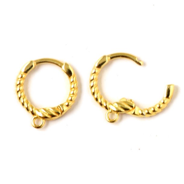 Hinged creole earrings with twisted ornamentation and eye, gold-plated silver, 13x2 mm, 2 pcs