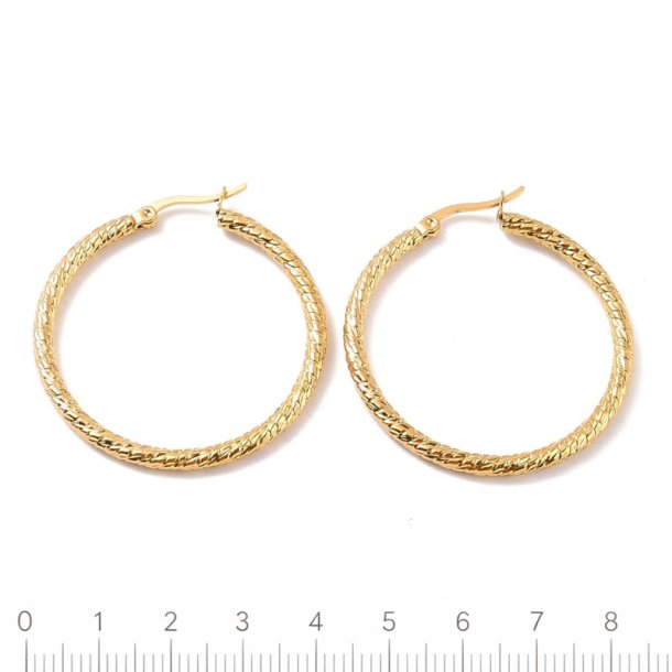Creole hoop earrings, twisted design, gold-plated steel, 40x3 mm, 2 pcs