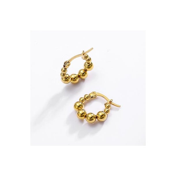 Hoop earrings with round ball beads, gold-plated 304 stainless steel, 18x18 mm, 1 pair