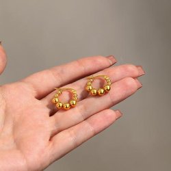 Hoop earrings with round ball beads, gold-plated 304 stainless steel, 18x18 mm, 1 pair