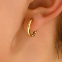 Hinged creole, round wire with grooves, gold plated STEEL, 15x2,5 mm, 2 pcs