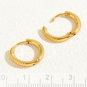 Hinged creole, round wire with grooves, gold plated STEEL, 15x2,5 mm, 2 pcs