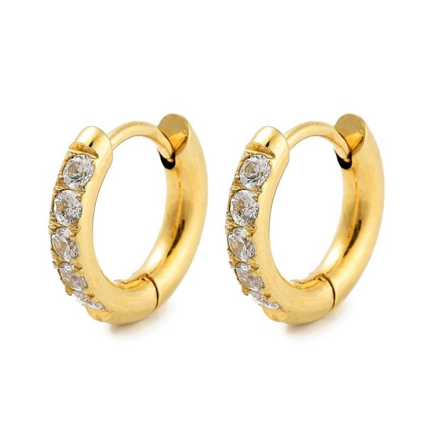 Hinged creole, round wire with CZ, gold-plated STEEL, 13x2.5 mm, 2 pcs