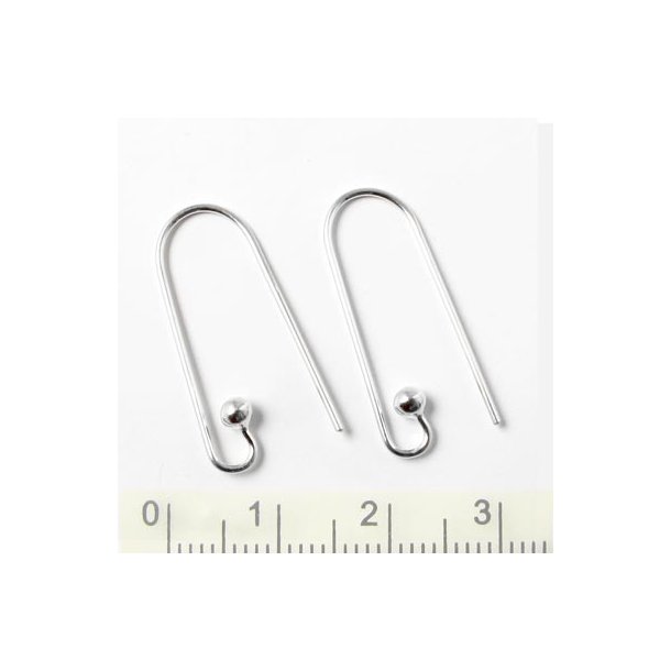 Earwires, silver, long with 2mm ball, open, 30x10mm, 2pcs