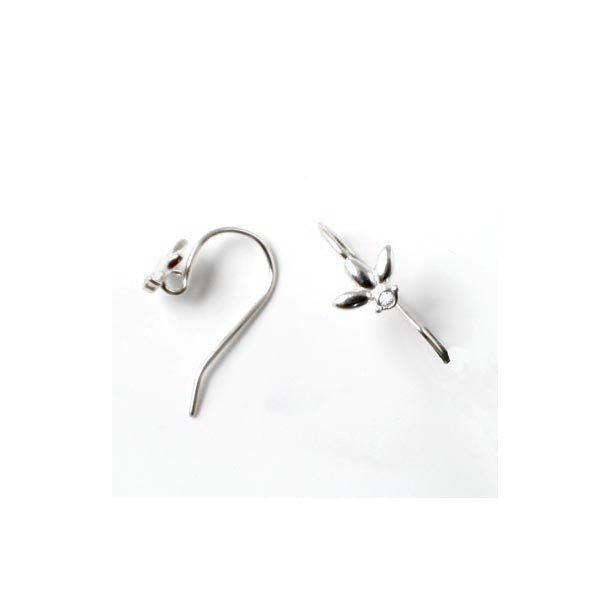 Earwires with three petals and zirconia, Sterling silver, 20x12mm, 2pcs