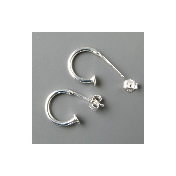 Earwires, small, open arch with peg, silver, 12mm, 2pcs, silver earnuts included