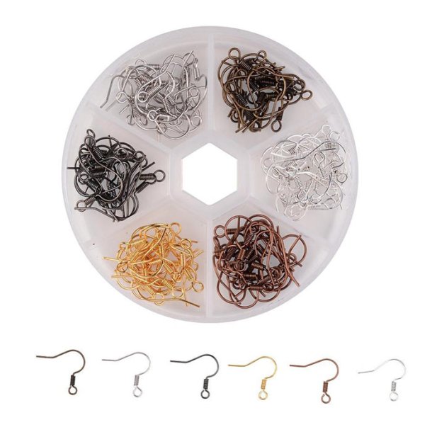 Earwire mix, assorted, spiral and loop, nickelfree brass, 15mm, 120pcs