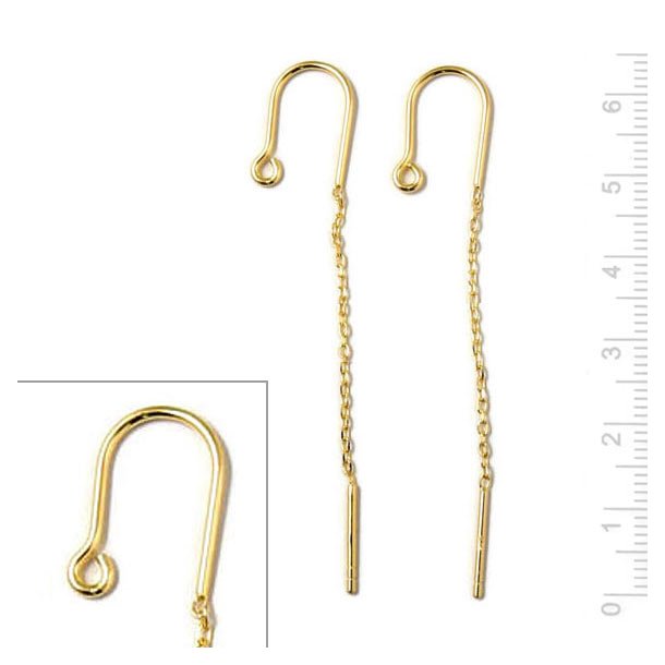 Earwires with loop, chain and peg, gold-plated silver, total length 65mm, 2pcs