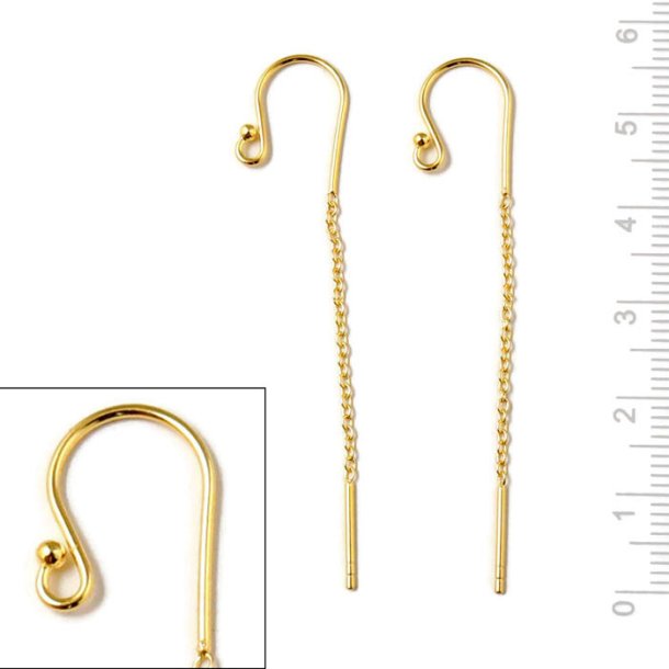 Earwires with ball, chain and peg, gold-plated silver, total length 55mm, 2pcs