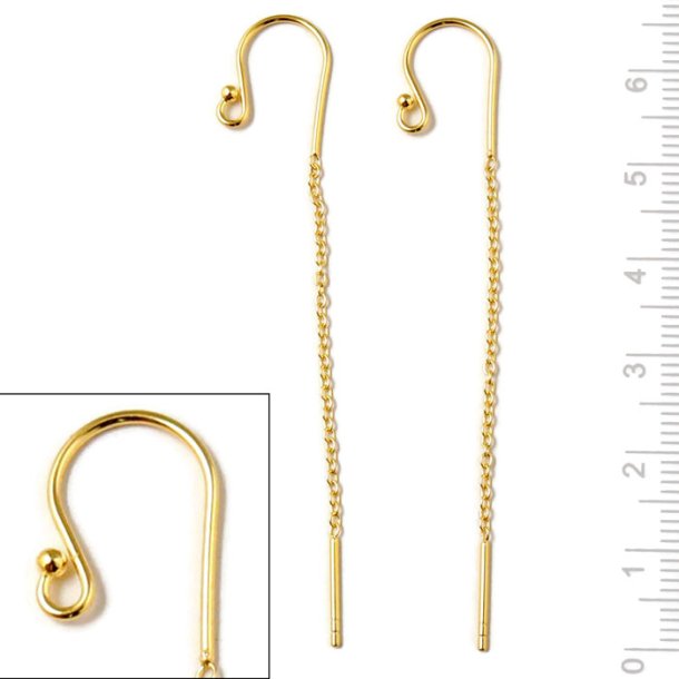 Earwires with ball, chain and peg, gold-plated silver, total length 65mm, 2pcs