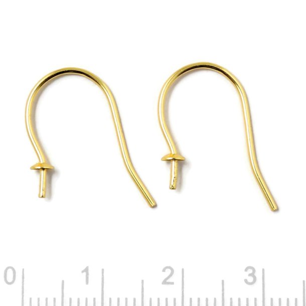 Earwires with cup and peg for half drilled beads, gold-plated silver, 20x15mm, 2pcs