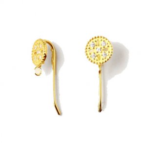 Exclusive earwires, gold-plated sterling silver, circles with zirconia and eyelet, 19x7.5mm, 2pcs