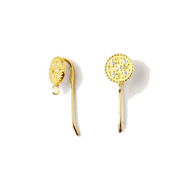 Exclusive earwires, gold-plated sterling silver, circles with zirconia and eyelet, 19x7.5mm, 2pcs