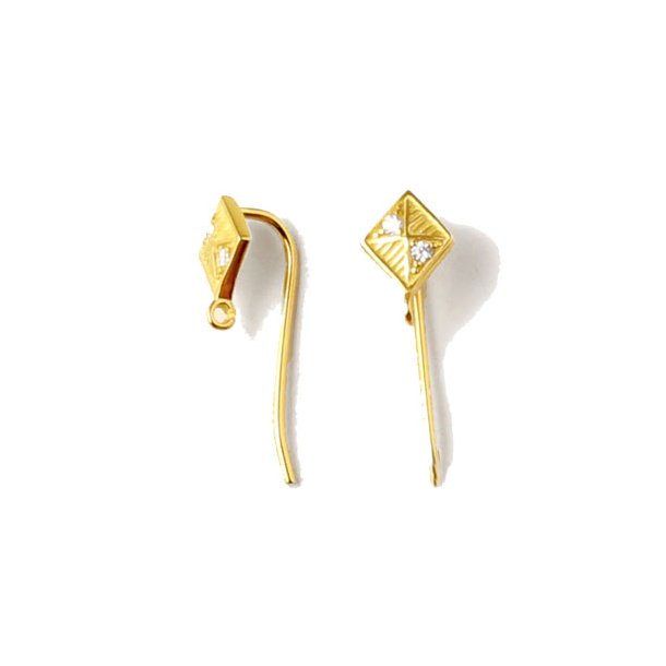 Earwires, gold plated silver, diamond-shape with Zirconia and eye, 20x7mm, 2pcs