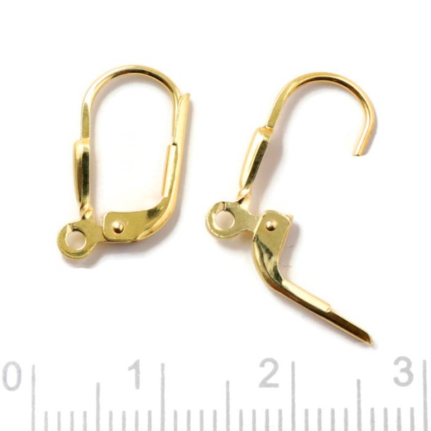 Earwires, lever-back, with fan and flap, loop, gold platedsilver, 15mm, 2pcs