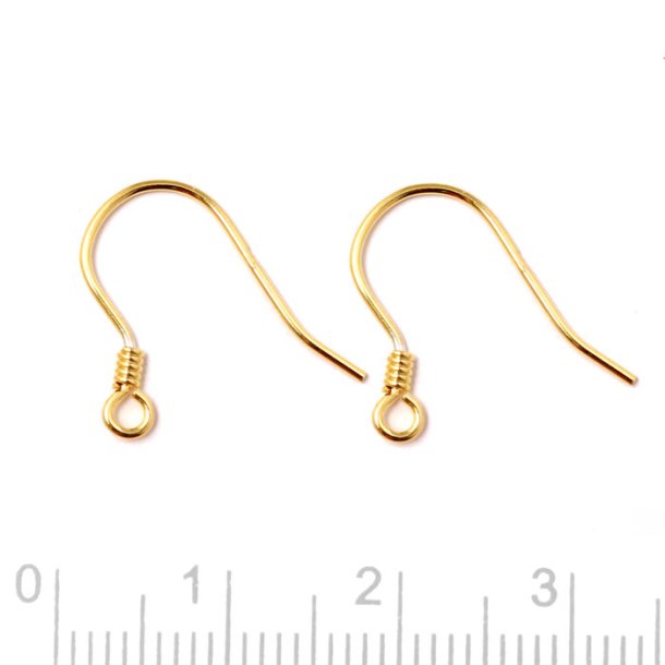 Earwires with loop and spiral, gold-plated silver, length 15.5mm, 2pcs