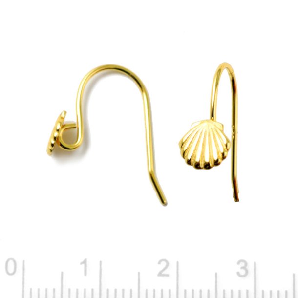 Ear hook with shell and eye, gold-plated silver, 20x6.5 mm, 2 pcs.