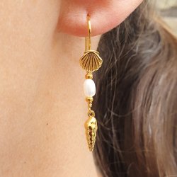 Ohrhaken mit Muschel und se, vergoldetes Silber, 20x6,5 mm, 2 Stck