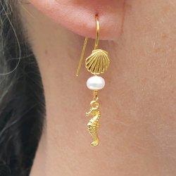 Ohrhaken mit Muschel und se, vergoldetes Silber, 20x6,5 mm, 2 Stck