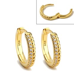 Klappbarer Ohrring, Reifen mit 24 klaren Zirkonia, vergoldetes Silber, 14x2,8 mm, 2 Stk