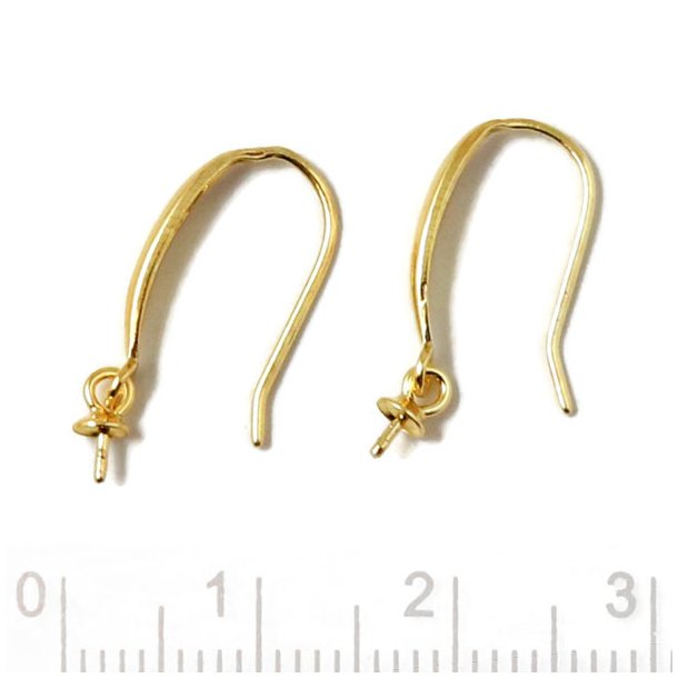 Earwires, gilded silver, oblong teardrop with hanging cup pearl bail pin, 21mm, 2pcs