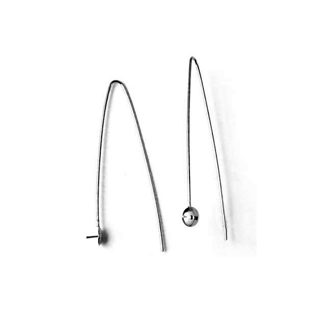 Earwires, long, open, with cup and peg, black sterling silver, 2pcs