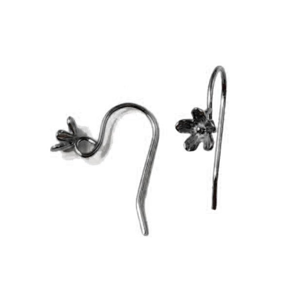 Earwires with flower, black silver 19x6mm, 2pcs