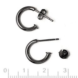 Earwires, open arch with peg, black silver, 12mm, 2pcs, earnuts included