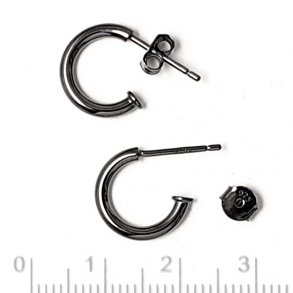 Earwires, open arch with peg, black silver, 12mm, 2pcs, earnuts included