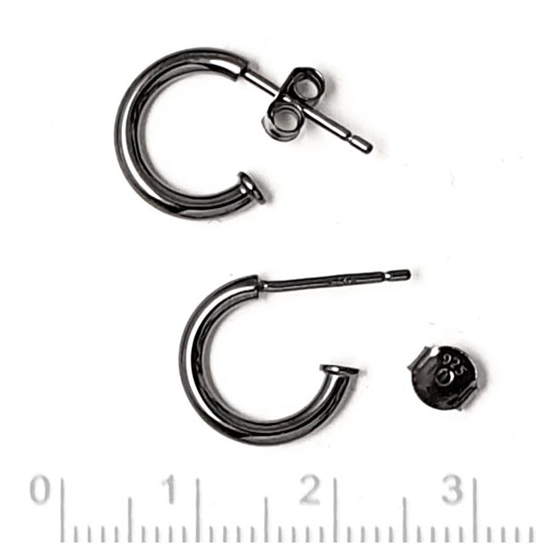 Earwires, open arch with peg, black silver, 12mm, 2pcs, earnuts included