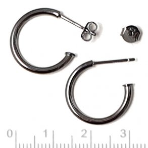 Earwires, open arch with peg, black silver, 18mm, 2pcs, earnuts included
