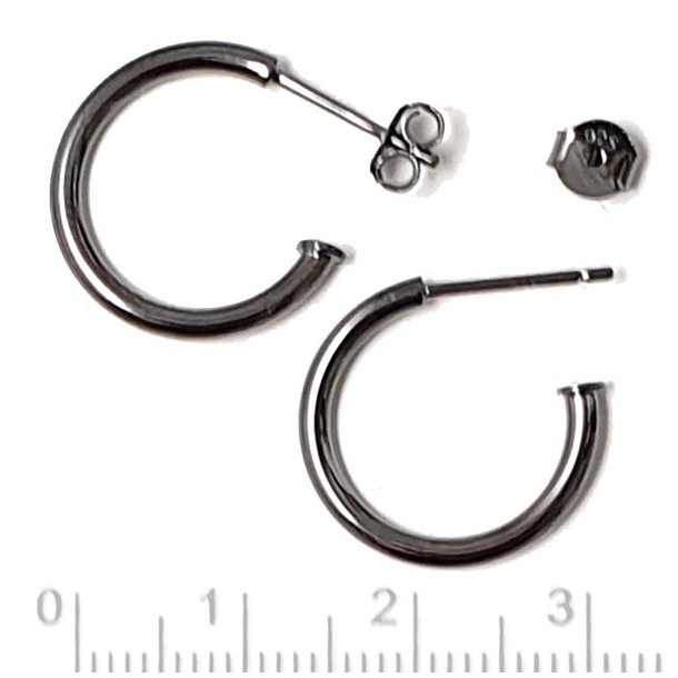 Earwires, open arch with peg, black silver, 18mm, 2pcs, earnuts included