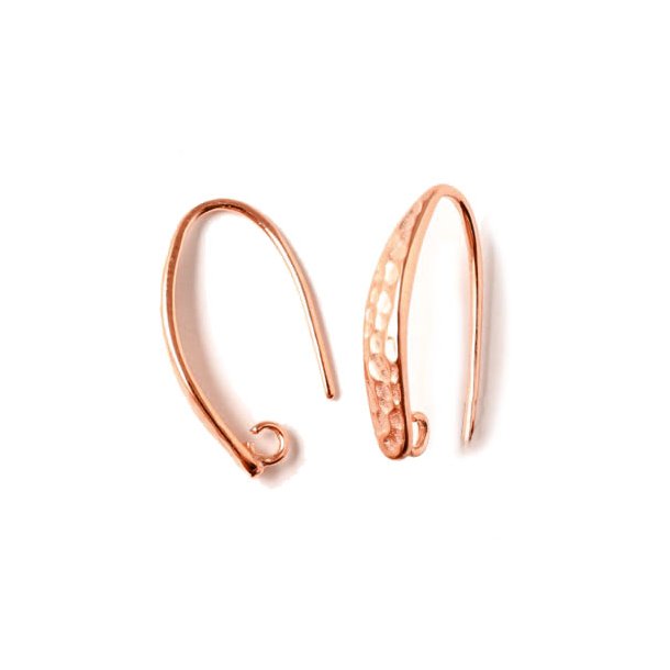 Earwires, rose gold-plated silver silver, hammered dropshape with loop, 24x3x0.9mm, 2pcs