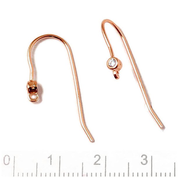 Earwires with Cubic Zircon and open loop, rose gold plated silver, 27 mm, 2pcs