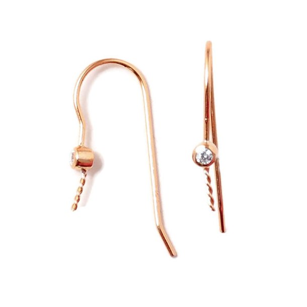 Earwires with pin and zircon, rose gold plated silver, 27x3mm, 2pcs
