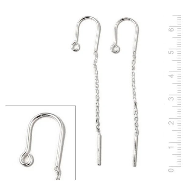 Earwires with loop, chain and peg, silver, total length 65mm, 2pcs