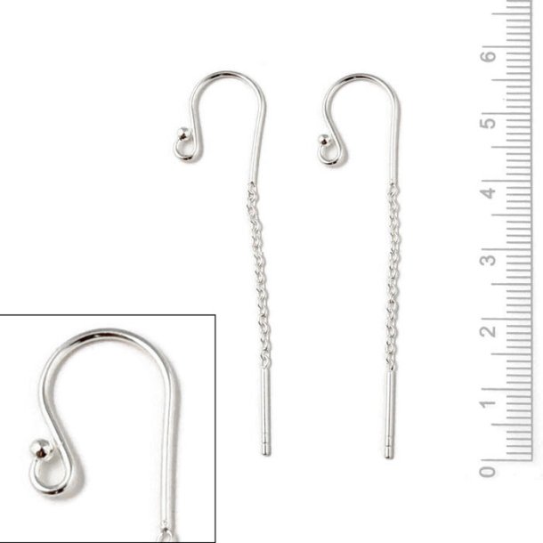 Earwires with ball, chain and peg, silver, total length 55mm, 2pcs