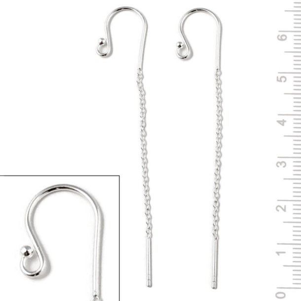 Earwires with ball, chain and peg, silver, total length 65mm, 2pcs